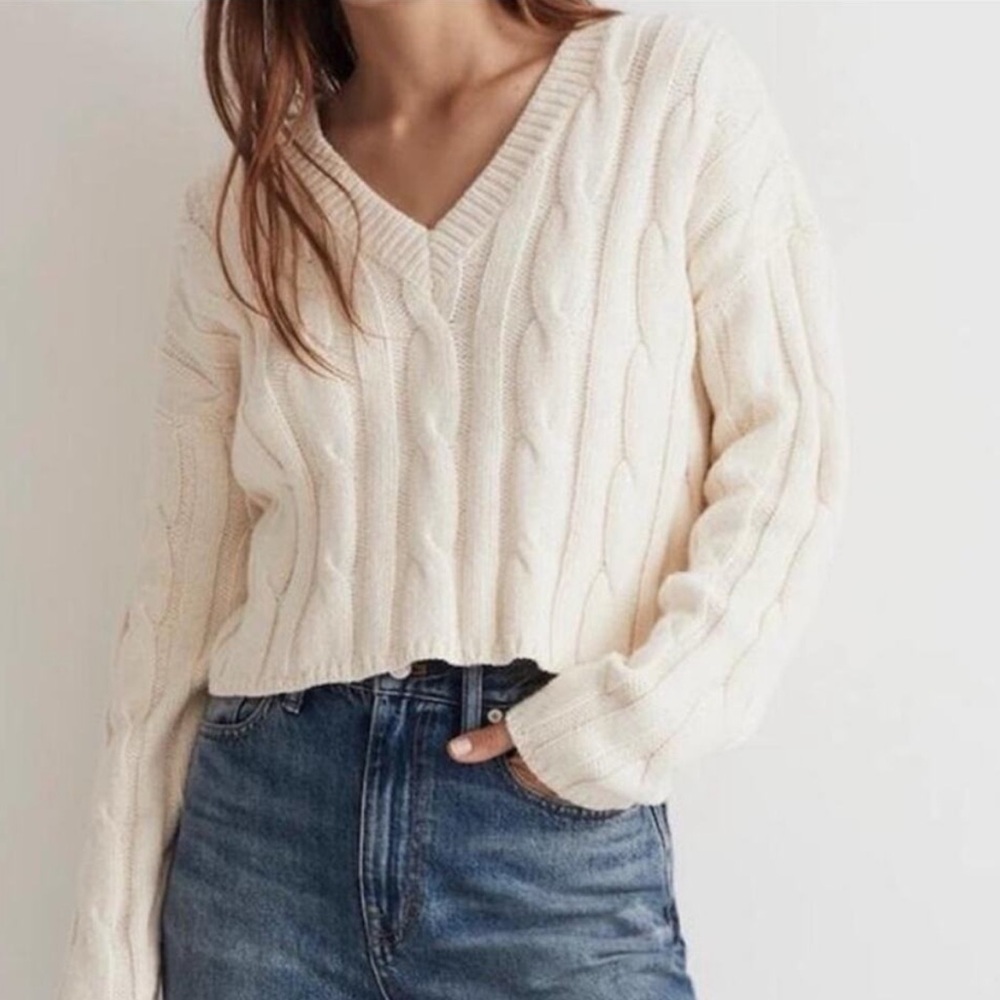 Madewell Cream V-Neck Cable Knit Sweater